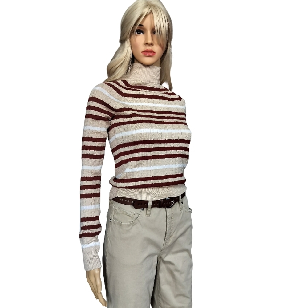 Hooked Up by IOT Striped Turtleneck Sweater - Cream and Brown